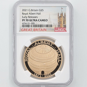 2021 英国 ロイヤル・アルバート・ホール開場150周年記念 5ポンド 金貨 プルーフ NGC PF 70 UC ER 初鋳版 最高鑑定 完全未使用品 元箱付