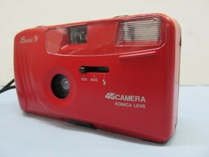 ●●KONICA BasicN 45CAMERA コンパクトカメラ コニカ 赤 フィルムカメラ シャッターOK 電池付き USED 93912●●！！