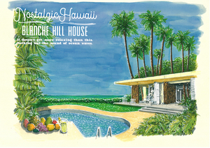 ノスタルジックなハワイ、オアフ島、カハラ地区に建つ別荘を描きベニヤ板に印刷した作品：（15B）ブランシェヒルハウス：B4サイズ