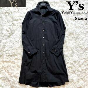 18SS Y’s ワイズ Yohji Yamamoto ヨウジヤマモト シャツワンピース ロングシャツ 長袖 ブラック コットン 綿 変形 デザイナーズ 2 M 黒