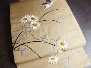 1027■ アンティーク帯 手刺繍 花と野鳥 名古屋帯 ■ひまわり