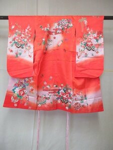 1円 良品 化繊 女児 子供着物 七五三 和装 花車 御所車 蝶 桜吹雪 花柄 高級 袷 身丈97cm 裄46cm【夢職】★★★