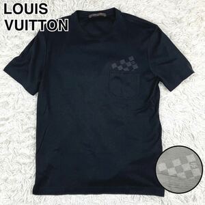 極美品/LOUIS VUITTON ルイヴィトン ダミエ クルーネック 半袖Ｔシャツ ブラック イタリア製 正規品 メンズ XS黒 ポケット カットソー 