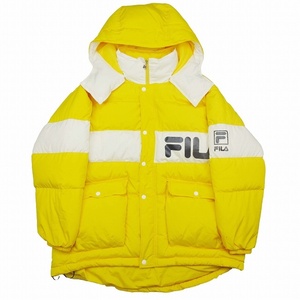 フィラ FILA ヘリテージ ダウン コート ジャケット ロゴ プリント フーデッド ハイネック パファー パテッド L 黄 イエロー FM9438