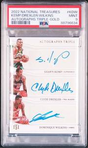 1円スタート PSA9 2022-23 Panini National Treasures Shawn Kemp Clyde Drexler Dominique Wilkins Gold Auto Triple /10 直筆サイン