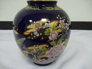 (し-N-345) 花瓶 明陶 瑠璃色 花差し 壺 花器 陶器 インテリア 花鳥柄 保管品