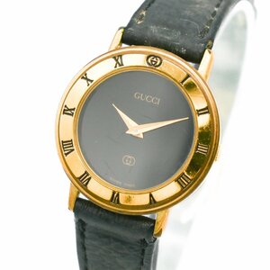 1円 稼働 GUCCI グッチ 3001L ゴールド QZ クオーツ ブラック 黒文字盤 GP 腕時計 メンズ ラウンド レザーベルト ブランド 128920240305