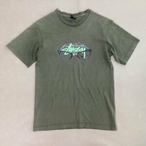 ■【送料198円】80s 黒タグ OLD STUSSY ステューシー メガネプリントＴシャツ メキシコ製 半袖 丸首 ヴィンテージ サイズS カーキ/0.18kg■