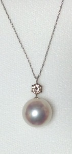 アコヤ 真珠 ペンダント ネックレス 天然　ダイヤモンド 0.2ct K18 あこや 本真珠 テリテリ 大珠10.45mm 稀少!　綺麗! 未使用品に近い