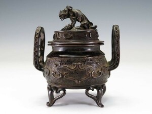 【3869】中国　唐物古玩　古銅　耳付　獅子摘み　香炉（初品・買取品・堤物）