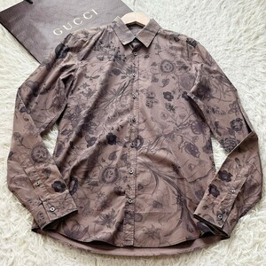 未使用級/Lサイズ●グッチ【王者の貫禄】GUCCI 長袖シャツ フローラル 花柄 総柄 自然 ロゴデザイン ブラウン ハイブランド 春夏秋