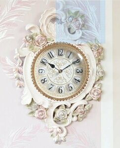 アンティーク調　ロココ調　ホワイト　ピンクローズ　ゴールドローズ　薔薇の壁掛け時計　ピンクローズ　薔薇の時計