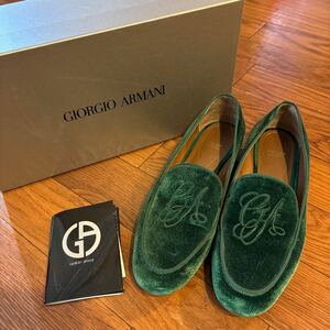 GIORGIO ARMANI ジョルジオアルマーニ GAロゴ刺繍 ベルテッドローファー シューズ 35ハーフ グリーン 緑 ベロア