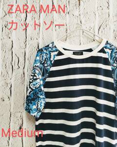 ★送料無料★ ZARA MAN ザラ カットソー Tシャツ ボーダー × ペイズリー 半袖 Medium
