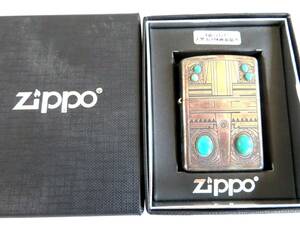●【ト足】ZIPPO ジッポー オイルライター グランドストーン ターコイズ 4面エッチング 天然石メタル 両面張り 箱付き CE792ZZG64
