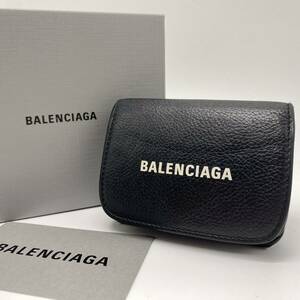 【付属品完品/美品】BALENCIAGA バレンシアガ 三つ折り財布 コンパクト ウォレット コインケース エブリデイ ロゴ レザー ブラック 黒色