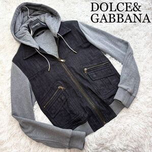 【ほぼ未使用】幻のL-XL!DOLCE&GABBANA【圧倒的王者の風格】ドルチェ&ガッバーナ最高級スウェット×デニム切替ジャケット ロゴZIPブルゾン