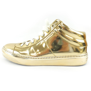 【天白】ジミーチュウ BELLS スニーカー ミラーレザー ゴールド サイズ38 25.0cm エナメル ゴールド金具 レディース 靴