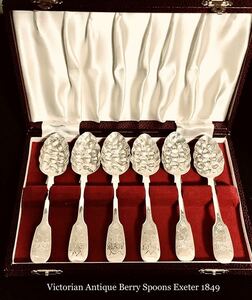 英国アンティーク シルバー ジャム/ベリー/フルーツスプーン 純銀 カトラリー6本セット ケース ビクトリア初期1849年 エクセター R&JJW社製