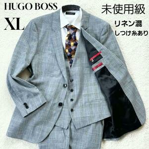 1円～ 未使用級 XL 赤タグ! ヒューゴボス HUGO BOSS スーツ セットアップ スリーピース 3P グレンチェック 52サイズ 裏地ロゴ柄 