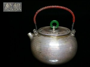◆純銀・急須・玉摘・籐巻提手・湯沸・茶壺 ・建水・煎茶道具・総重量151㌘◆a1010h