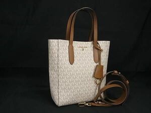 1円 ■美品■ MICHAEL KORS マイケルコース MK柄 PVC×レザー 2WAY ハンドバッグ トート ショルダー アイボリー系×ブラウン系 AY1860