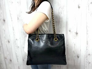 極美品 PRADA プラダ テスート ゴールドチェーン ショルダーバッグ バッグ ナイロン×ナッパレザー 黒 70758