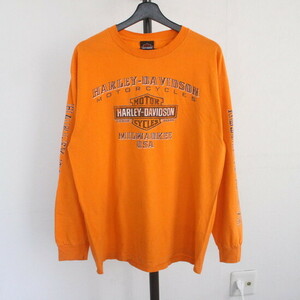 S543 2000年代製 ハーレーダビッドソン 両面プリント 長袖Tシャツ■00s 表記Lサイズ オレンジ アメカジ ストリート ハーレーT ロンT 90s