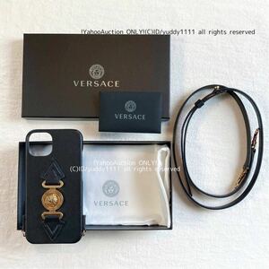 新品 正規品 VERSACE ヴェルサーチ 1005511 1A03190 メドゥーサ ストラップ付 iPhone 13 cover レザー カバー スマホ ケース ブラック 即決