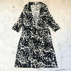 【ダイアンフォンファステンバーグ Diane von Furstenberg】サイズ6 Lサイズ相当　綿コットン　シルク ヒョウ柄 豹柄 総柄 カーディガン