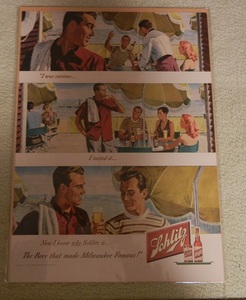 * 1948年Schlitz BEER（シュリッツビール） レトロ　アドポスター ビーチでビール　アメADポスター　お洒落なビール広告 インテリア お店に