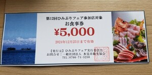 ネコポス送料込　ひみぶりフェア　参加店舗お食事券5000円　有効期限2024.12.25