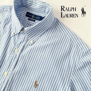 ラルフローレン RALPH LAUREN ボタンダウン ストライプ 半袖シャツ L 180/100A (日本XL) CLASSIC FIT オーバサイズ シャツ ブルー 白