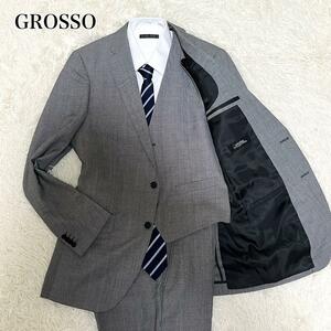 1円【未使用級】グロッソ GROSSO COLLECTION スーツ セットアップ ジャケット パンツ ベスト ウール 3ピース 迷彩柄 2ボタン グレー 2XL 3L