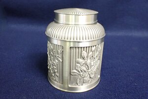 ★042358 セランゴールピューター SELANGOR PEWTER 97% 花彫 茶壺 茶入 煎茶道具★