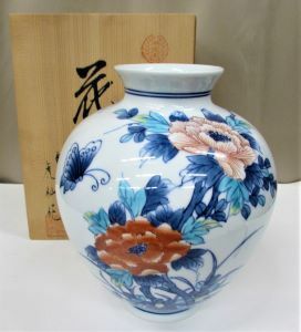 茶道具　鍋島　虎仙作　牡丹絵　花瓶　共箱　美術品　工芸品