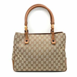 1円 極美品 GUCCI グッチ GGキャンバス レザー ブラウン トートバッグ 肩掛け ショルダー ハンドバッグ バンブー 112526