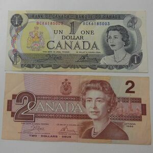 カナダ旧紙幣　 計3ドル分　合計2枚　カナダ Canada　海外旧紙幣 外国旧紙幣　お安くどうぞ