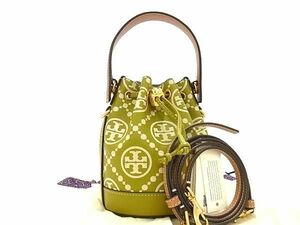 ■新品同様■ TORY BURCH トリーバーチ レザー 総柄 巾着型 2WAY クロスボディ ショルダー ハンドバッグ レディース カーキ系 AV7312