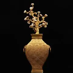 中国古美術・旧藏純銅製鎏金招財運樹の花瓶・真珠を象嵌・置物・風水開運 ・純手作り