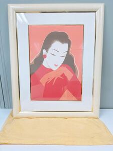 鶴田一郎 アート作品 A.P. 美人画 サイン 美術品 インテリア 女 ピンク 額 箱無し 中古品 鶴田先生 現状