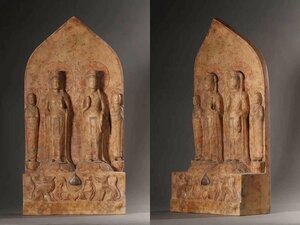 ■観心・時代旧蔵■C2901大斉時代 漢白玉彩絵仏龕 漢白玉石細工彫刻★仏教古美術★仏像★細密細工★廃寺旧蔵★廃寺買出品