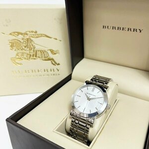稼働 BURBERRY バーバリー BU1350 ラウンドベゼル メンズ腕時計 デイト カレンダー クオーツ シルバー文字盤 チェック 現状品 中古 HK0189