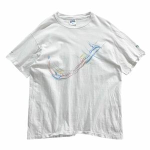 5千スタ【90s USA製 空中ブランコ アート プリント Tシャツ L】ビンテージ 袖プリント hanes シングルステッチ フォト バンド 古着