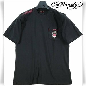 新品1円～★Ed Hardy エドハーディー メンズ 半袖 コットン綿 天竺 ポケット付き Tシャツ L 黒 ブラック クルーネック カットソー ◆2029◆