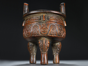  ▽鴻▽清・珍材彫・獣面紋三足香炉・非常に良い香り 時代物 中国古美術 骨董品
