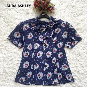 【大きいサイズ】LAURA ASHLEY　ローラアシュレイ 花柄 総柄　半袖　ネイビー　ピンタック シャツ