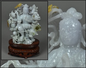 中国美術 唐物 本翡翠 細密彫 観音坐像 仏像 置物 唐木台 KR23-0228