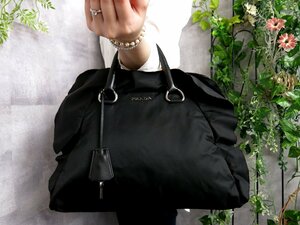 ●超美品●PRADA プラダ●フリル●ポコノ ナイロン ラム レザー 本革●ハンド バッグ●黒●SV金具●腕掛け●B5 収納●書類 かばん●Js46140