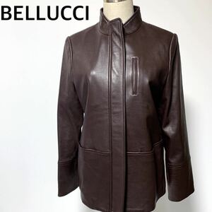 BELLUCCI ベルッチ イタリア製ラム革 比翼 ジップアップ レザージャケット M 女性用 シングルライダース ブラウン